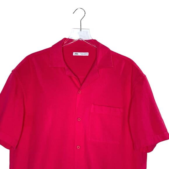 Zara L Mens Cotton Button Front Shirt Bold Magenta Short Sleeve Breathable - Picture 5 of 10
